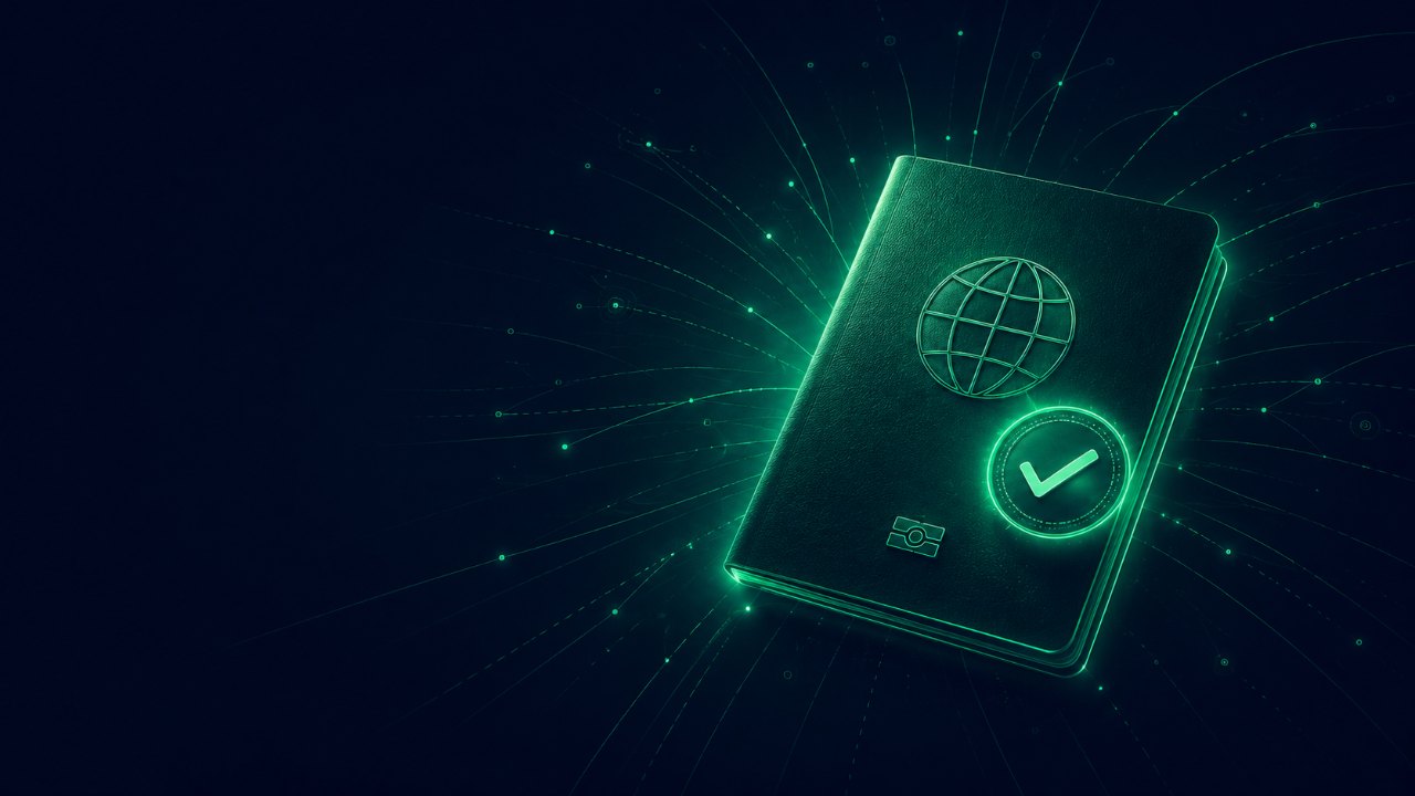 Glowing passport with verified checkmark