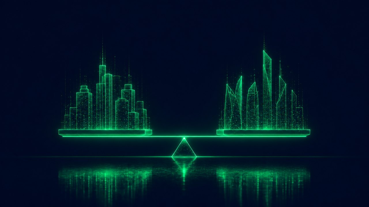 Two skylines balanced on a scale