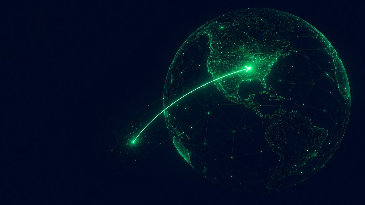 Emerald globe with a connecting arrow to the US