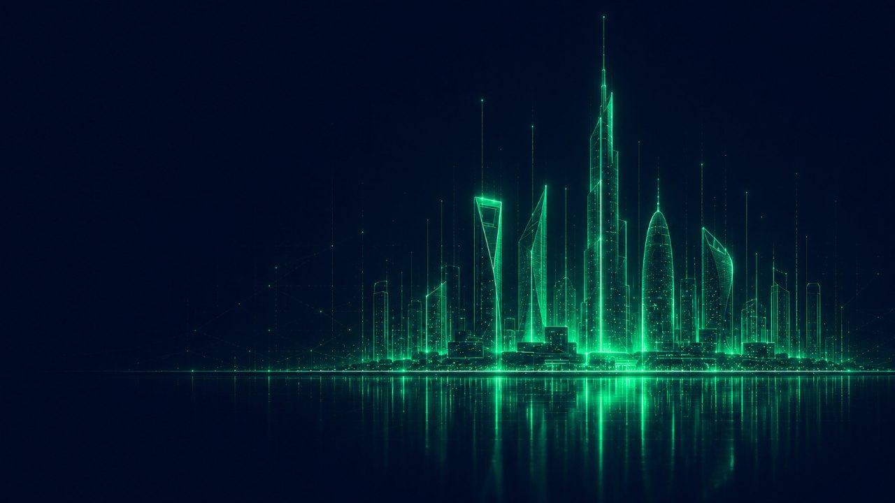 Gulf skyline of light over a reflective base